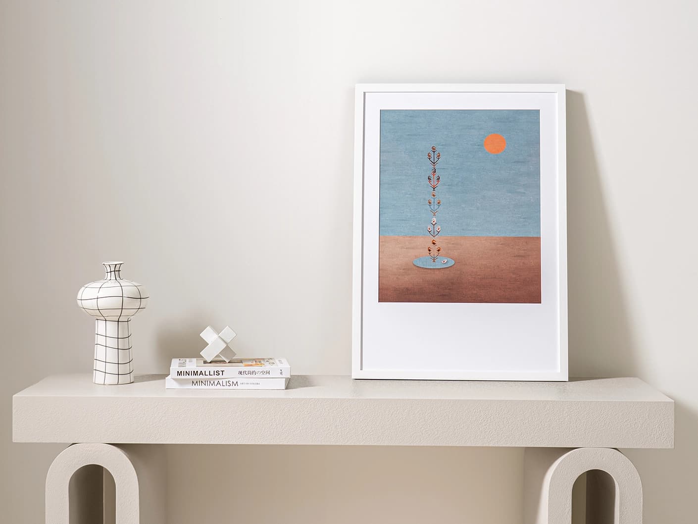 Lone Tree fine art print in blue and beige, shown in a lifestyle front view as image 3