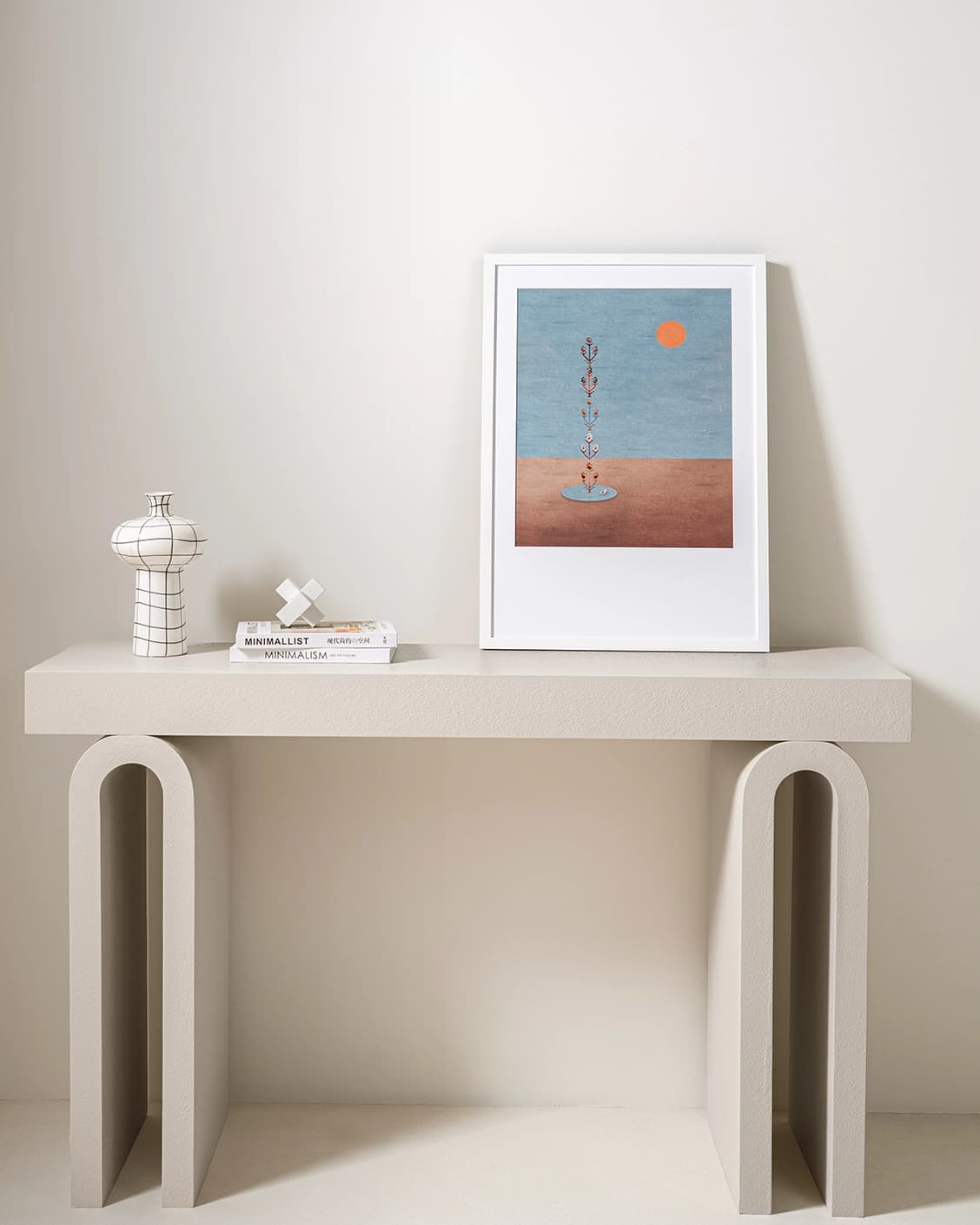 Lone Tree fine art print in blue and beige, shown in a lifestyle front view as image 2