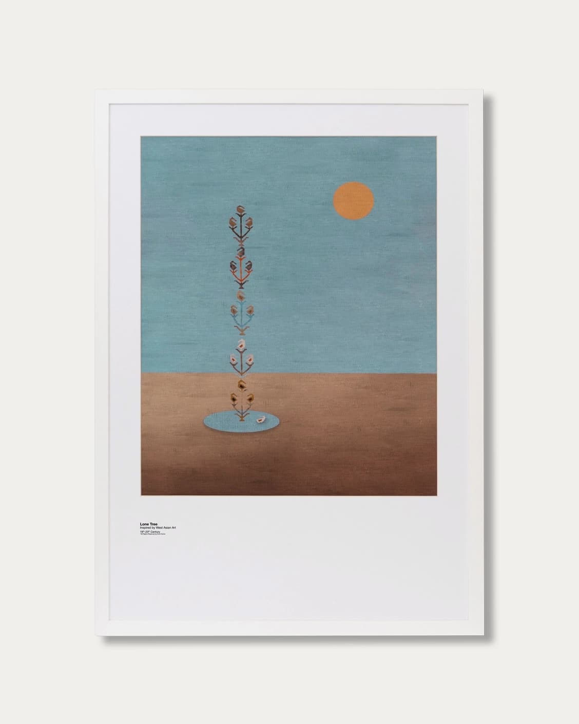 Lone Tree fine art print in blue and beige, shown in a lifestyle front view as image 1
