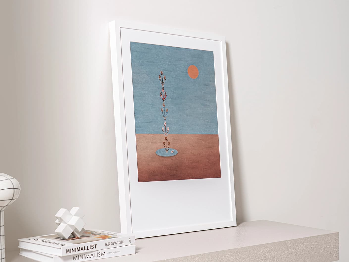 Lone Tree fine art print artwork in blue and beige, shown in a lifestyle left view