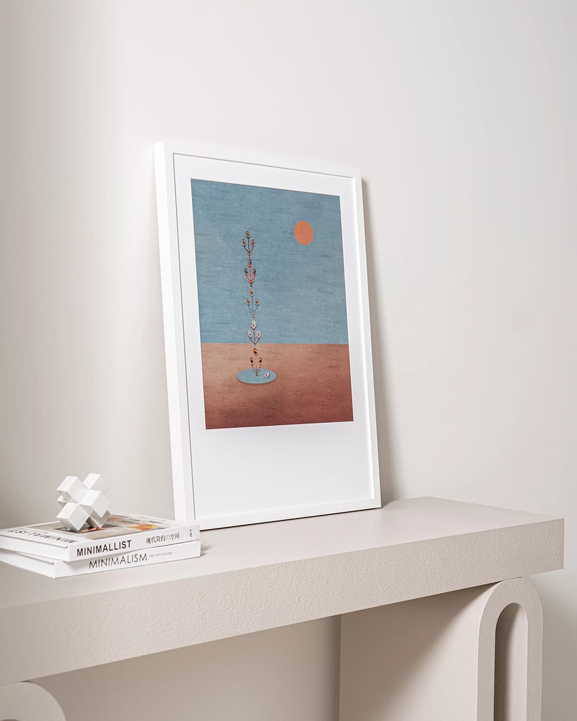 Lone Tree fine art print in blue and beige, shown in a lifestyle left view as image 3