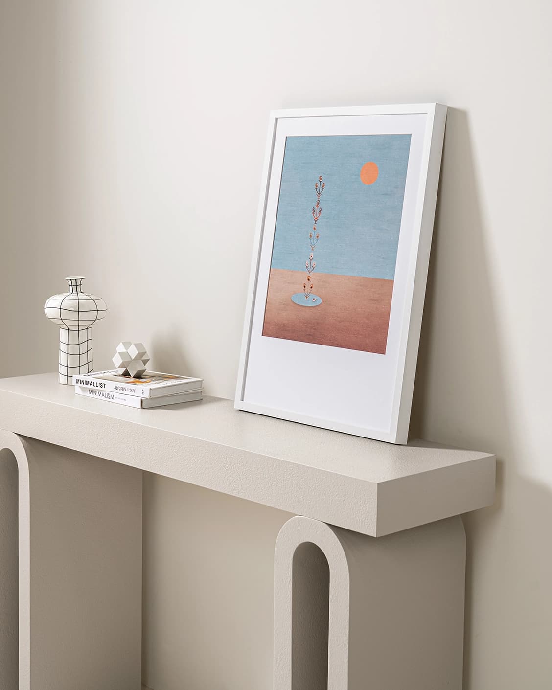 Lone Tree fine art print in blue and beige, shown in a lifestyle right view as image 4