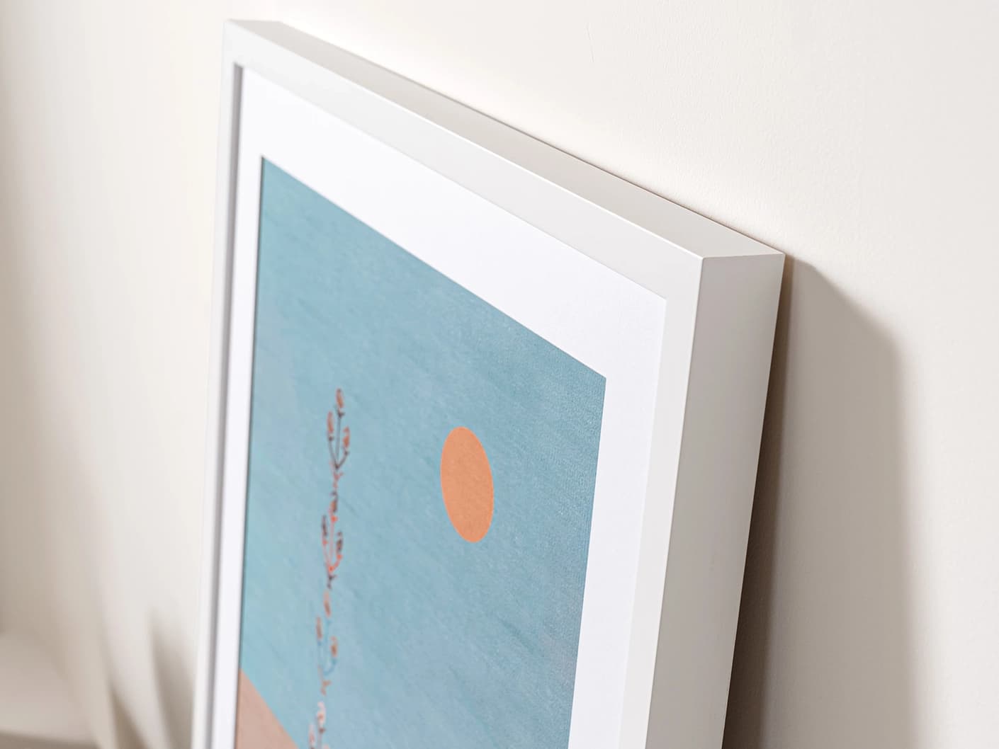 Lone Tree fine art print in blue and beige, shown in a lifestyle top view as image 1