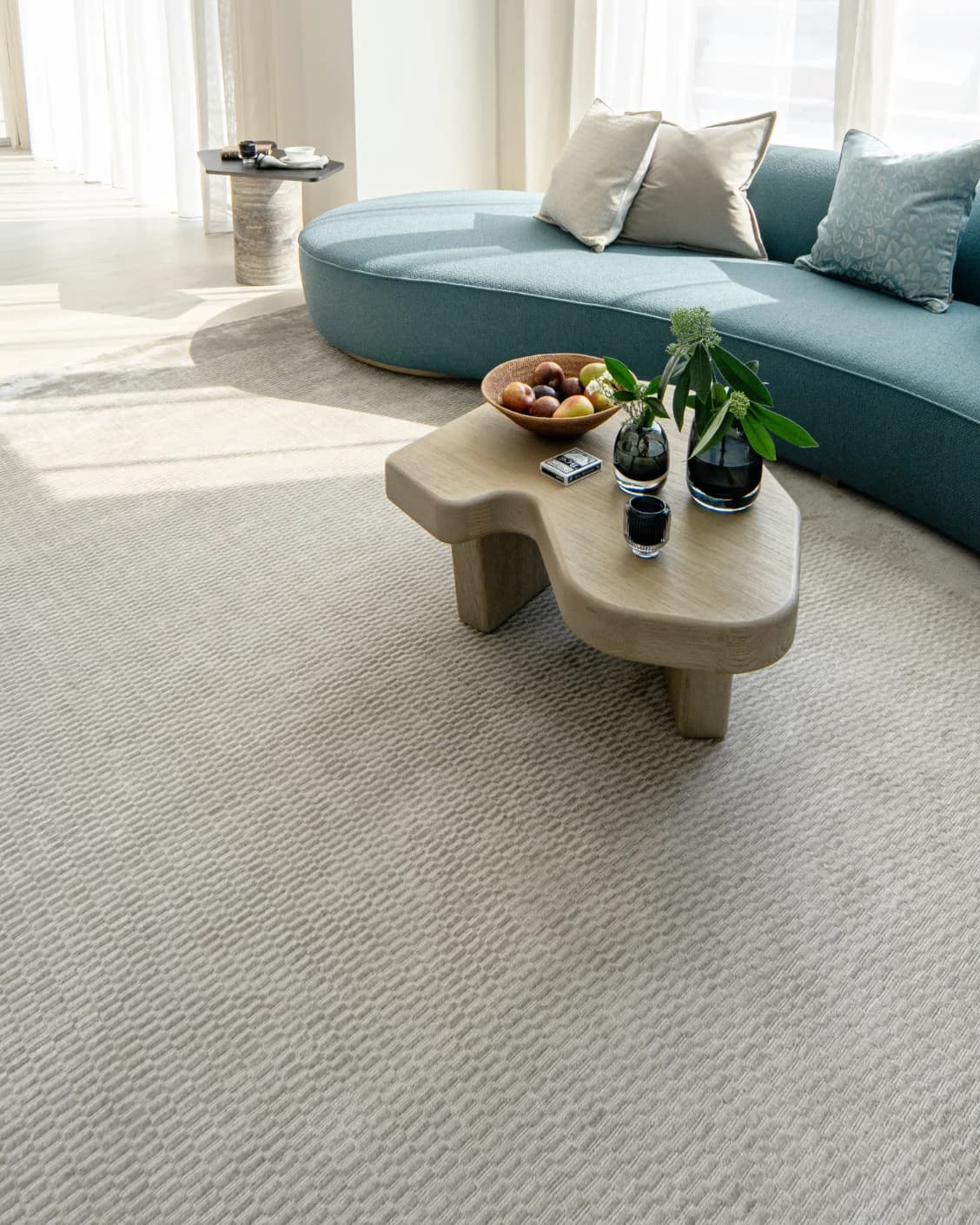 Luna Dune carpet in taupe, brown and beige, shown in a lifestyle right view as image 8