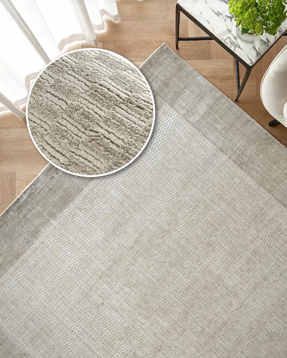 Luna Dune carpet in taupe, brown and beige, shown in a lifestyle top view as image 2