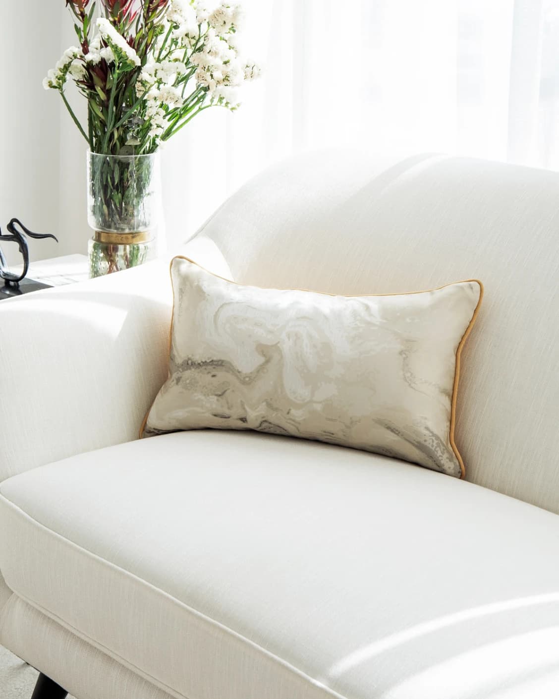 Mae Klimt cushion in silver and yellow, shown in a lifestyle front view as image 2