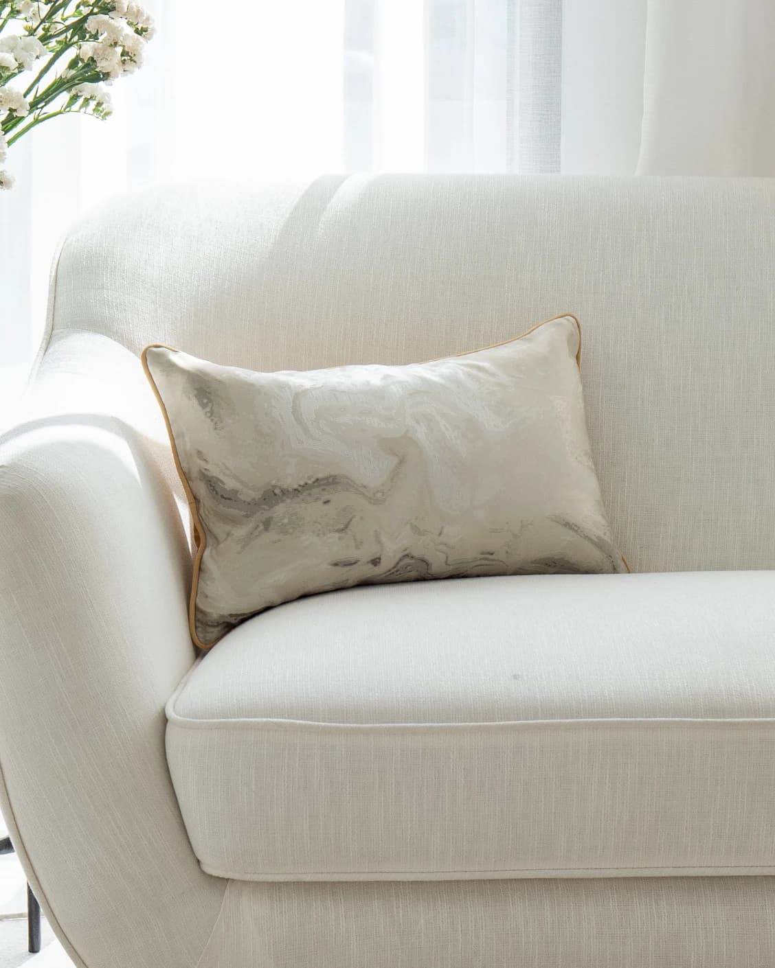 Mae Klimt cushion in silver and yellow, shown in a lifestyle front view as image 4