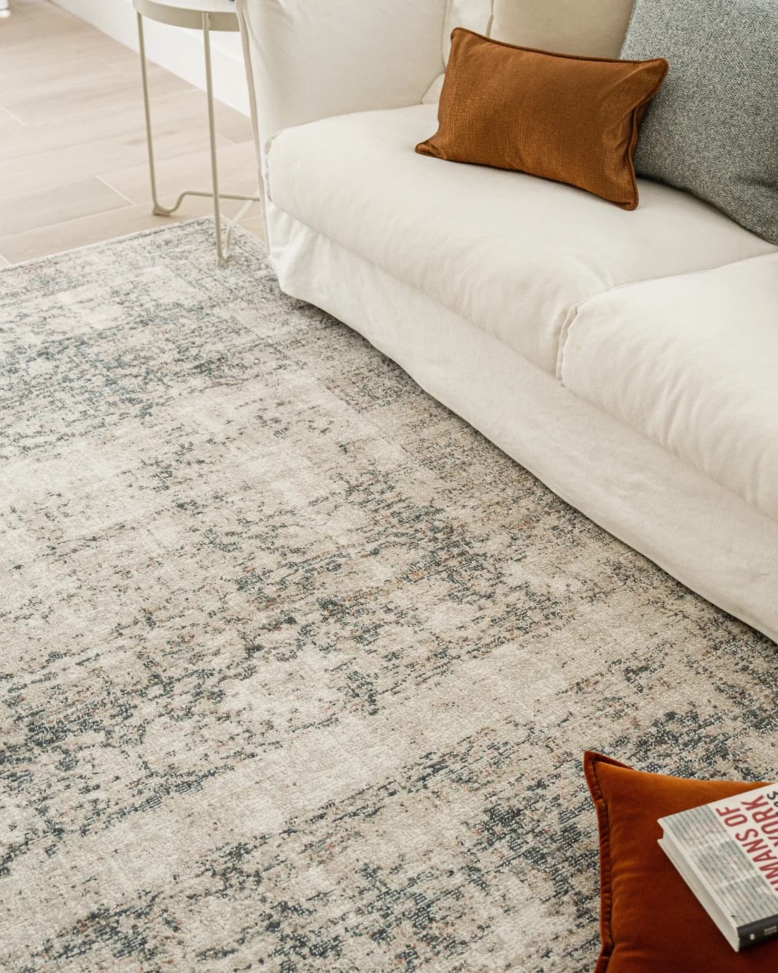 Marco Azure carpet in cream, grey and beige, shown in a lifestyle right view as image 7