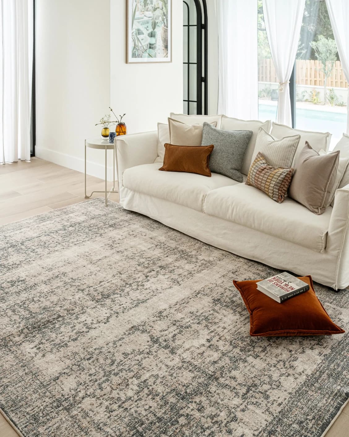 Marco Azure carpet in cream, grey and beige, shown in a lifestyle right view as image 8