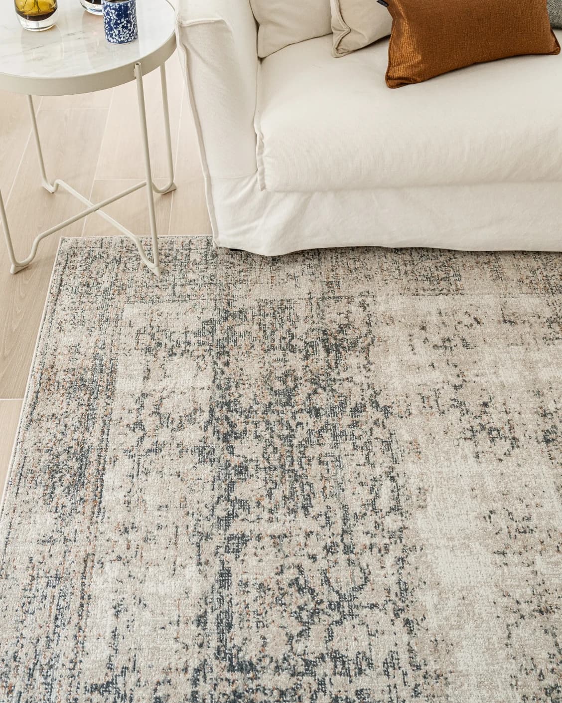 Marco Azure carpet in cream, grey and beige, shown in a lifestyle top view as image 9