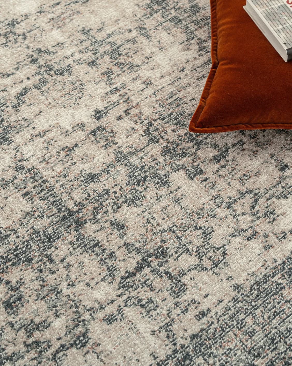 Marco Azure carpet in cream, grey and beige, shown in a lifestyle top view as image 10