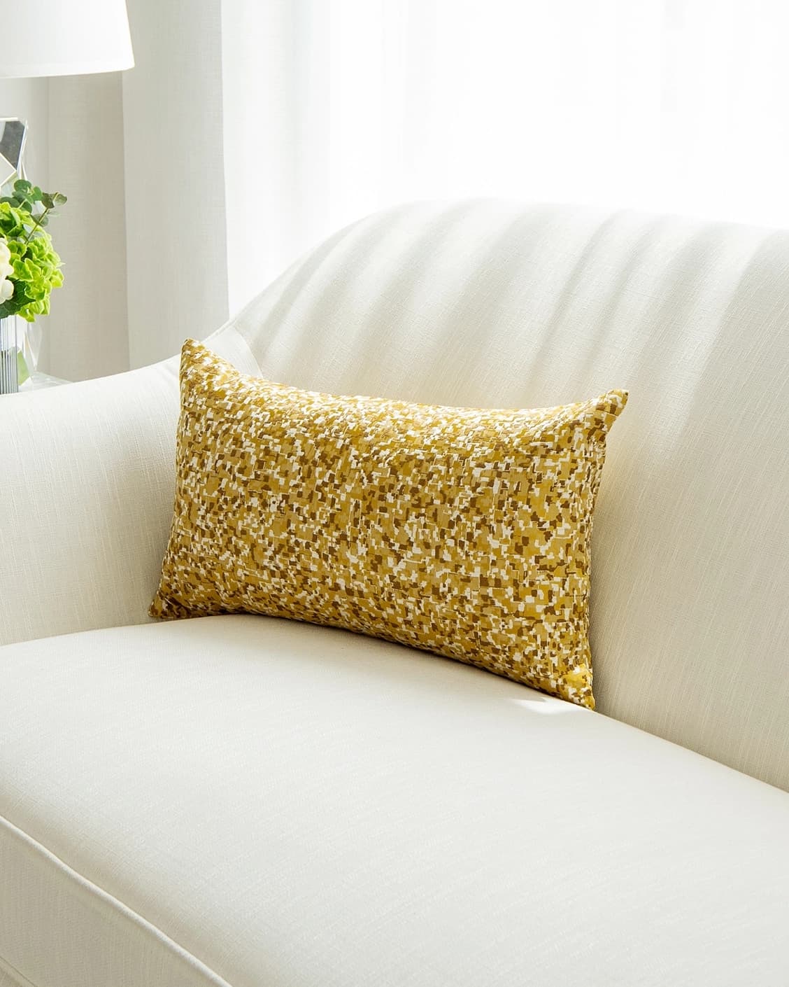 Marigold Klimt cushion in gold and yellow, shown in a product front view as image 2