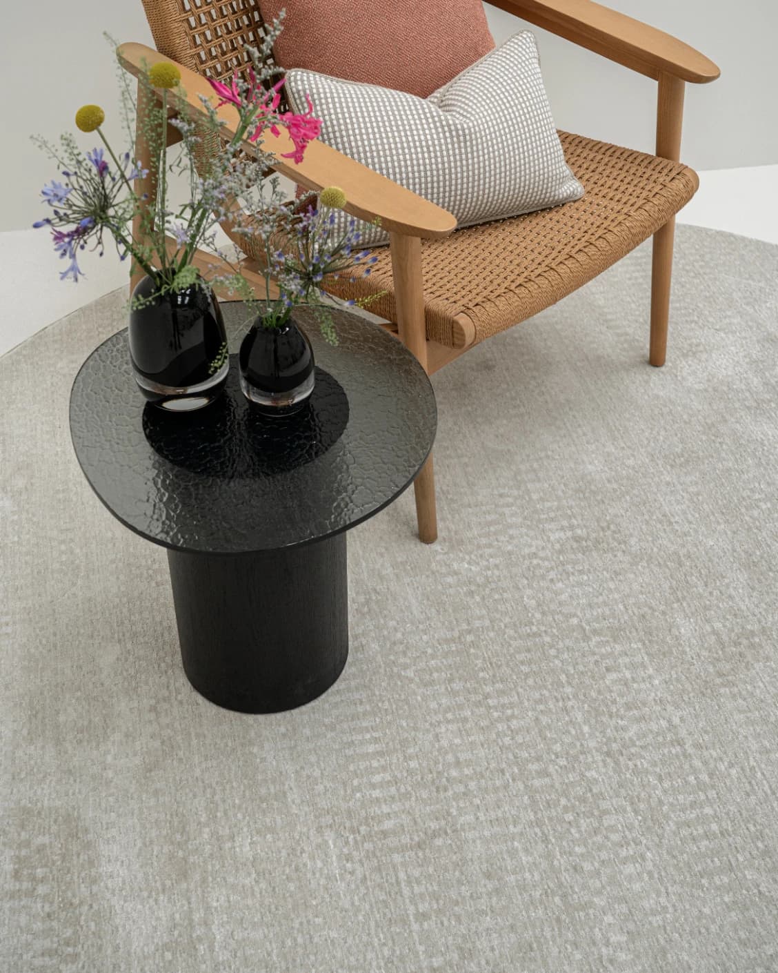 Maverick Sandy Round carpet in sandy and beige, shown in a lifestyle top view as image 2