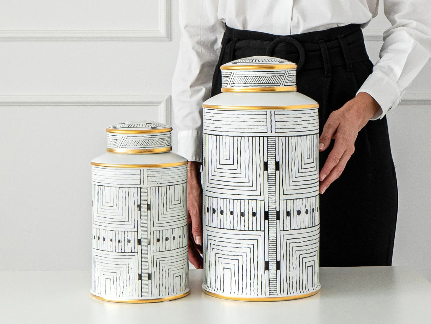 Maze Bundle canisters in black and white, shown in a lifestyle front view as image 5
