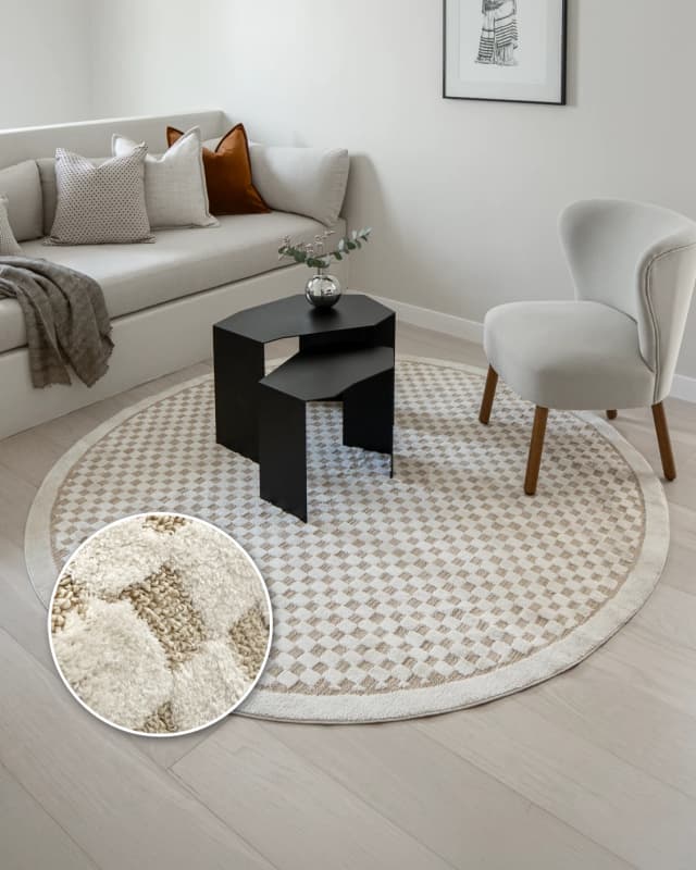 Milo Sandy Round carpet in sandy and beige, shown in a lifestyle front view as image 2