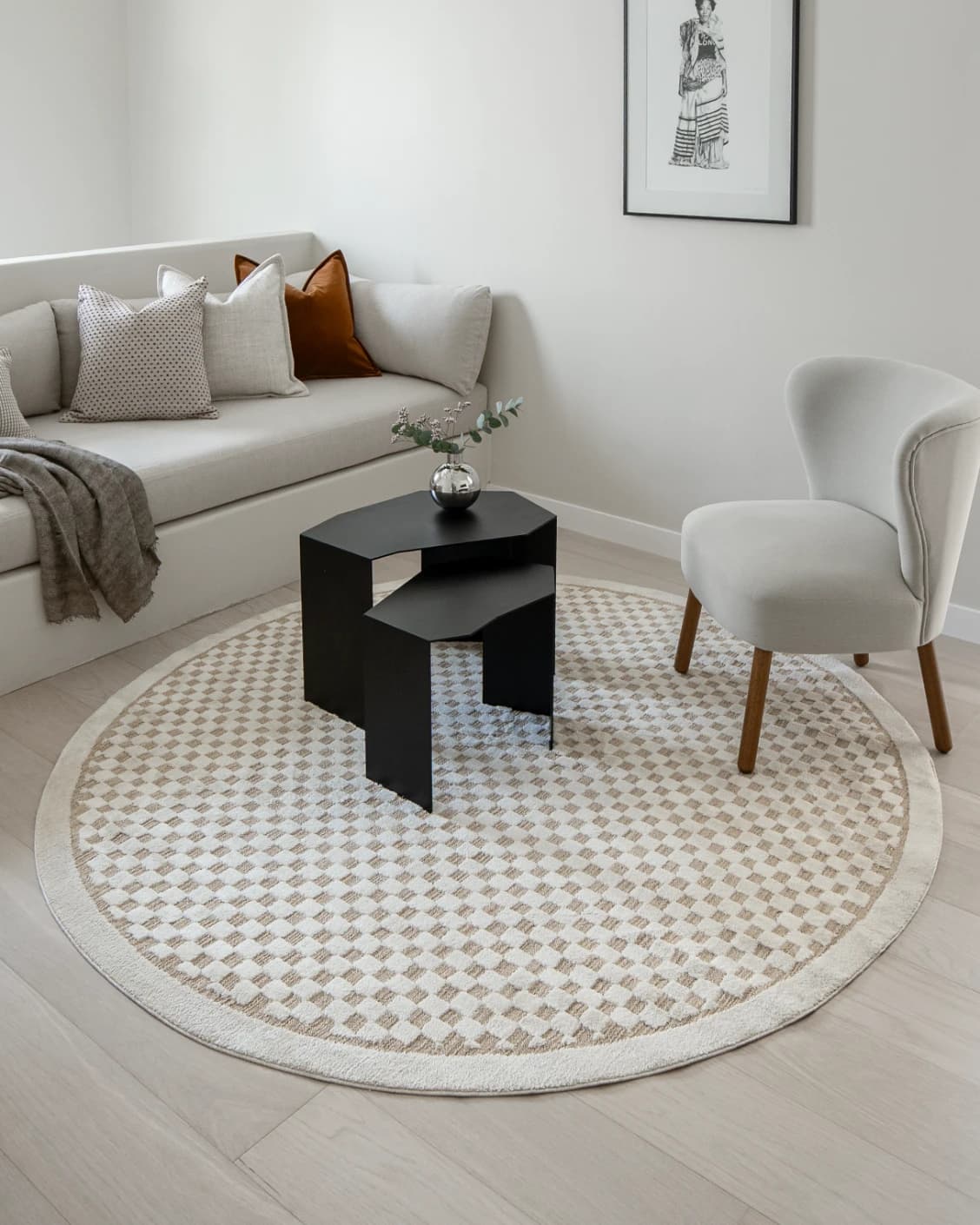 Milo Sandy Round carpet in sandy and beige, shown in a lifestyle front view as image 2