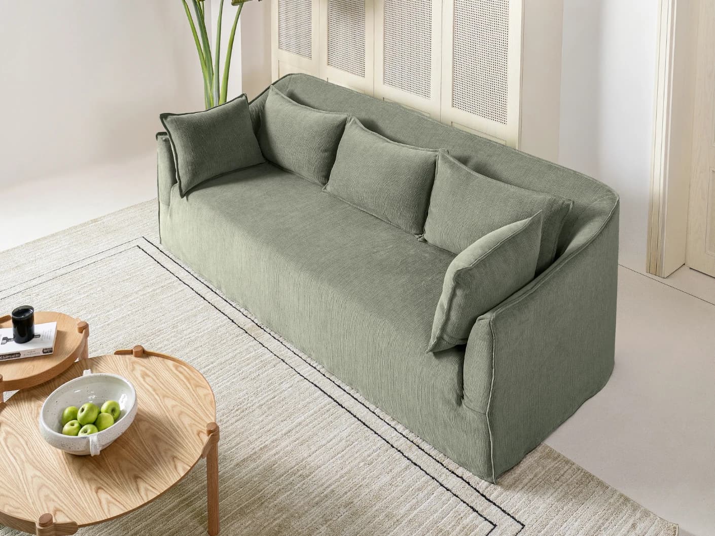 Miro Olive Grey sofa in olive grey, shown in a lifestyle top view