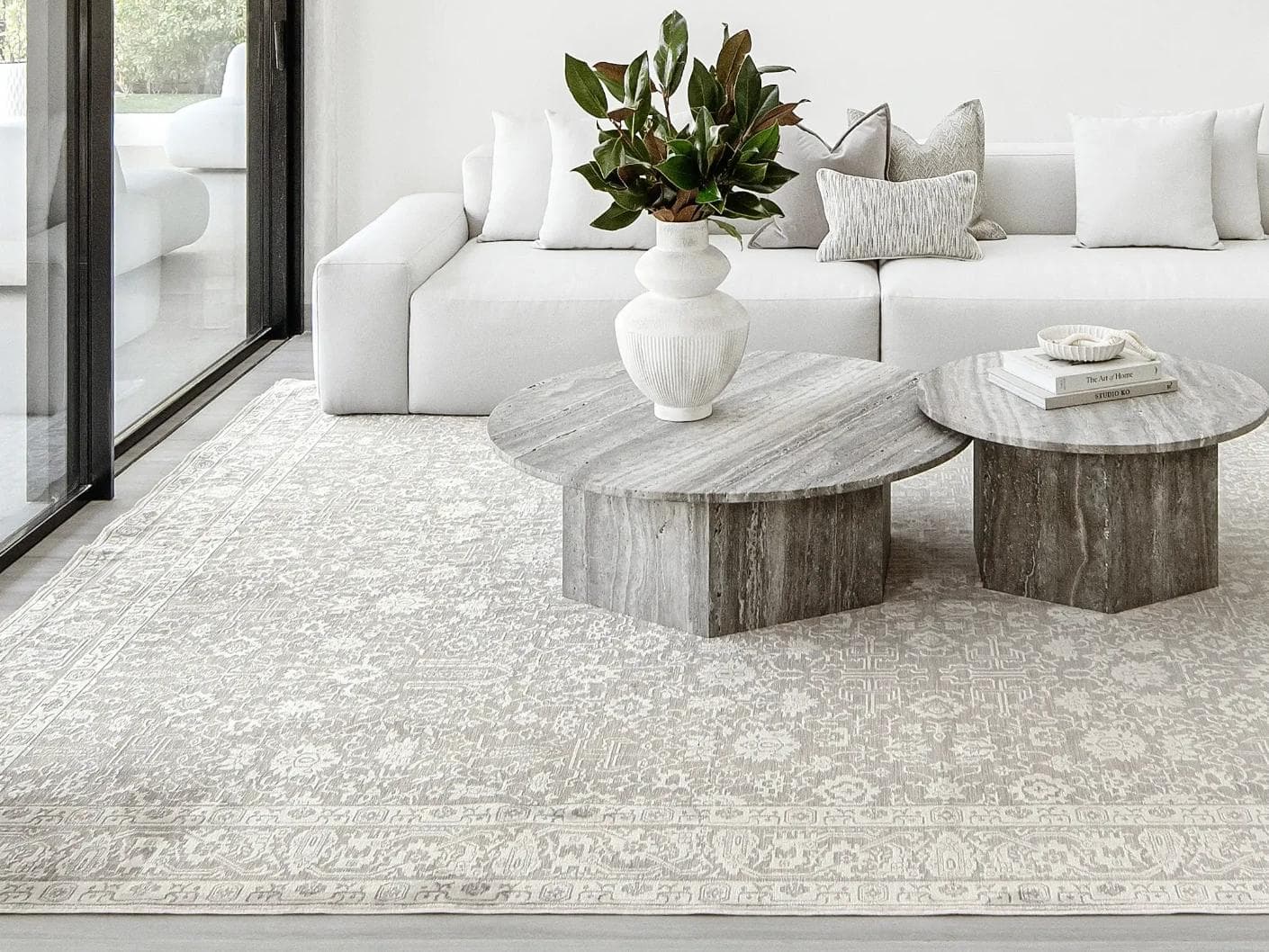 Natalia Sandy carpet in beige and grey, shown in a lifestyle front view as image 4