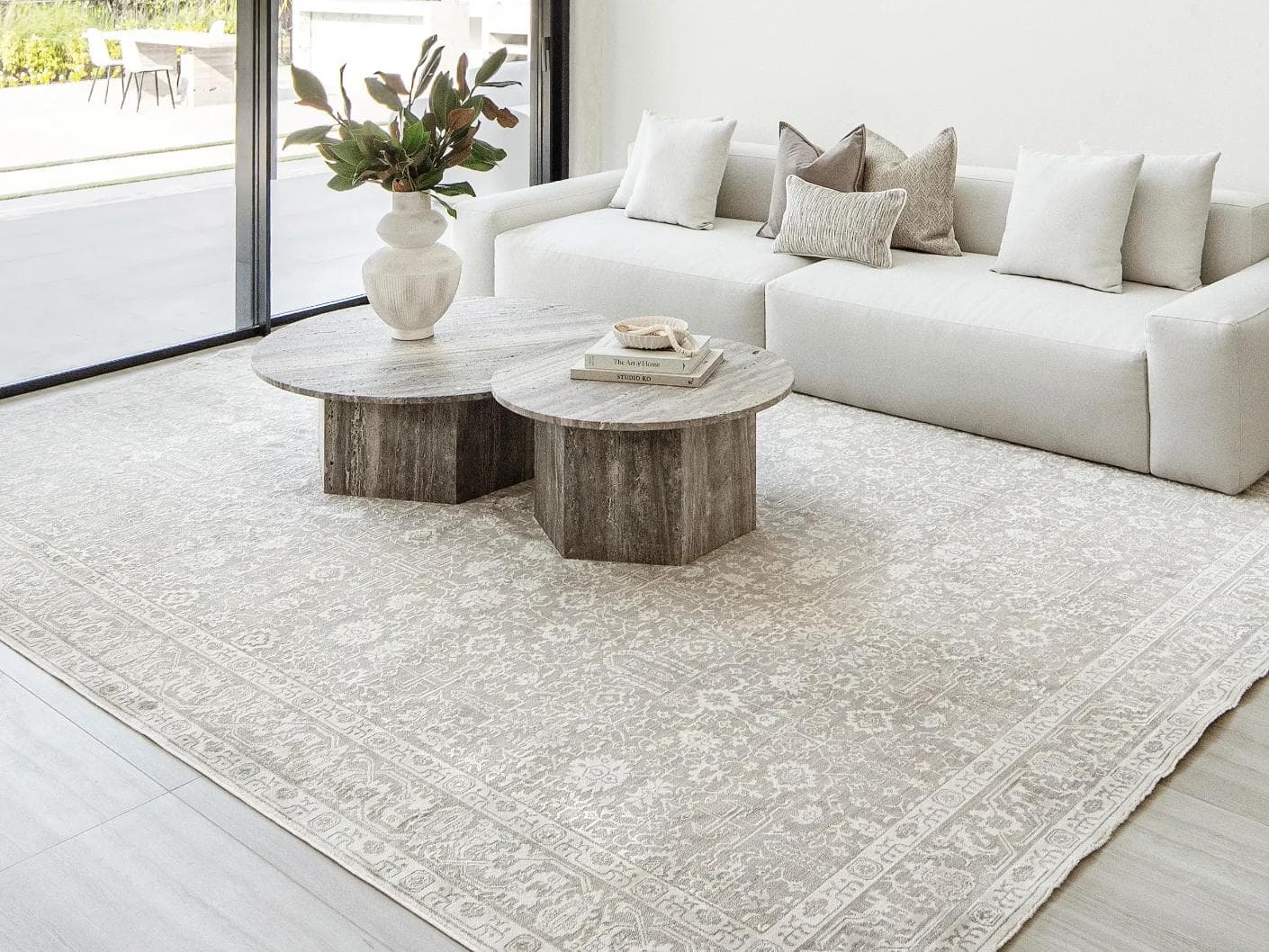 Natalia Sandy carpet in beige and grey, shown in a lifestyle front view as image 5