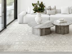 Natalia Sandy carpet in sandy, beige and grey, shown in a lifestyle front view