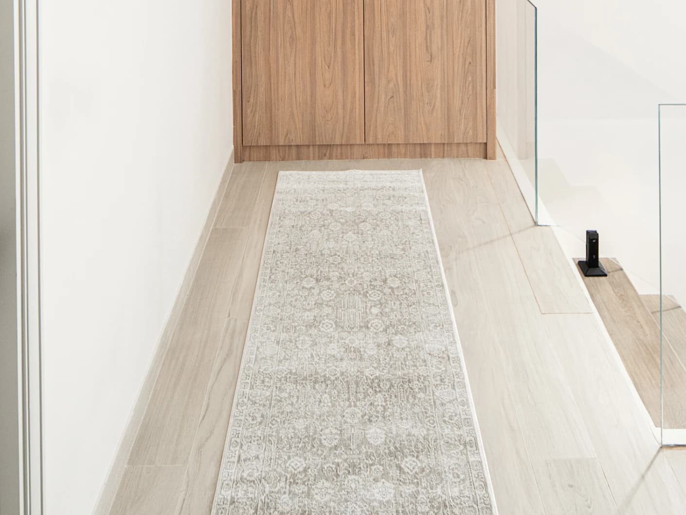 Natalia Sandy Runners carpet in beige and grey, shown in a lifestyle front view