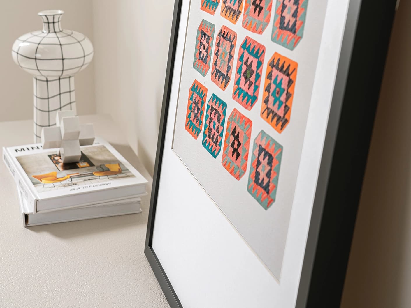 Navajo Tiles fine art print in multicolour, shown in a lifestyle close-up view as image 2