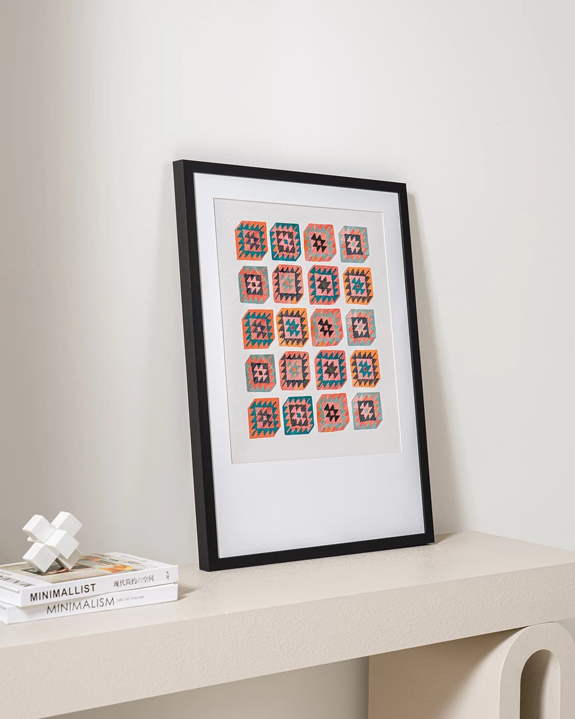 Navajo Tiles fine art print in multicolour, shown in a lifestyle left view as image 3