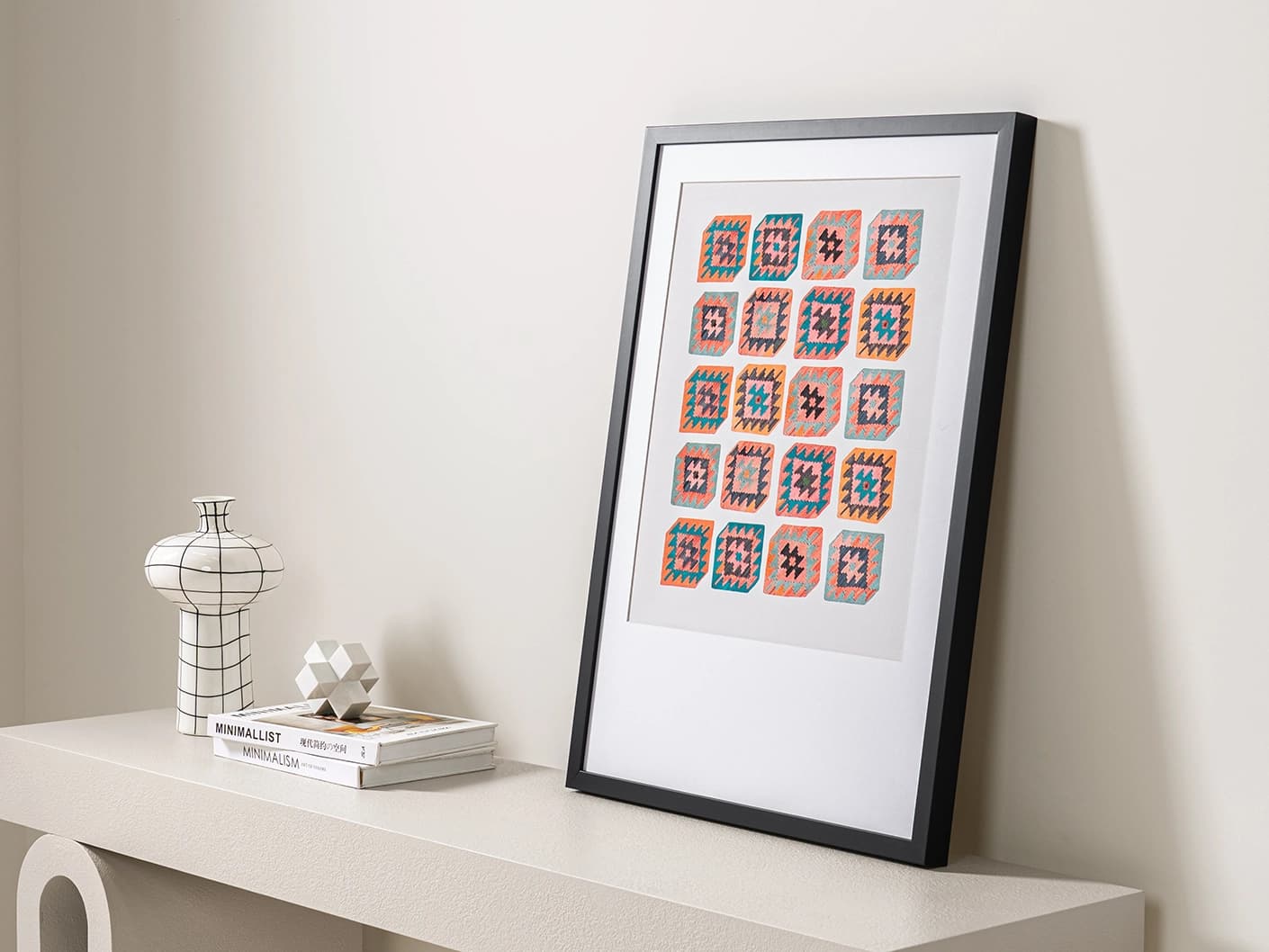 Navajo Tiles fine art print artwork in multicolour, shown in a lifestyle right view