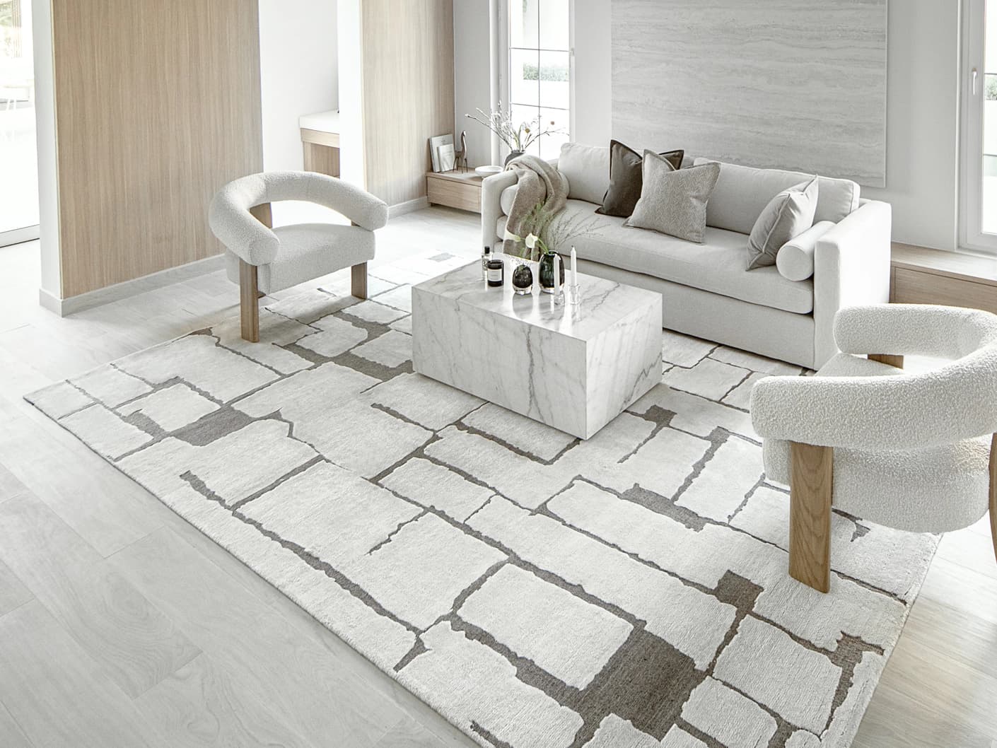 Nico Sandy carpet in ivory, grey and brown, shown in a lifestyle right view as image 7