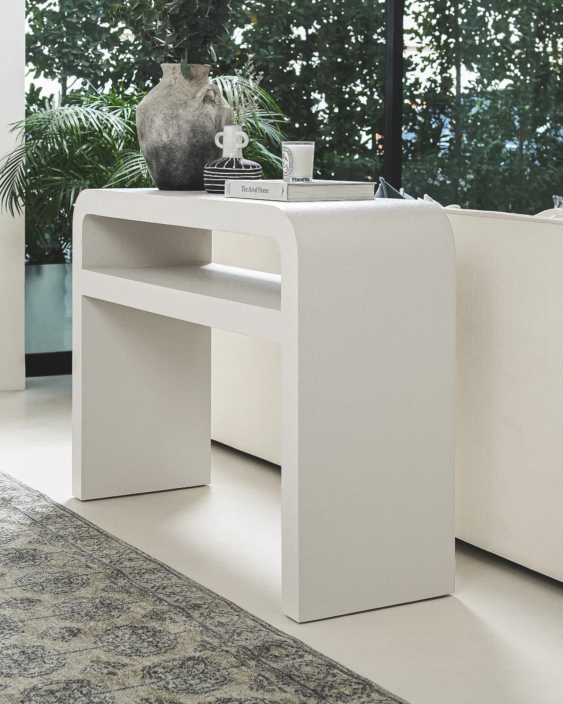 Orta console table in soft ivory and stone, shown in a product right view as image 10