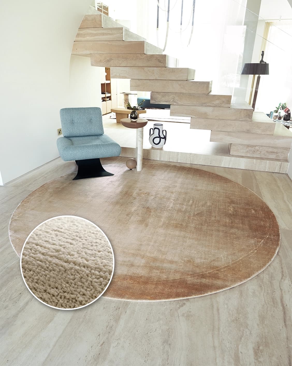 Oscar Sandy Round carpet in sandy and beige, shown in a lifestyle front view as image 2