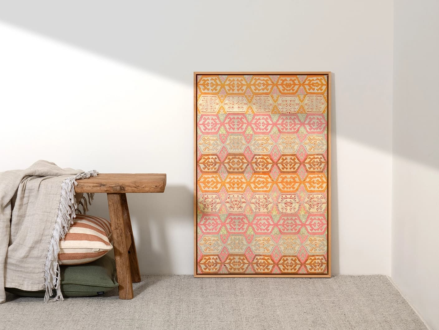 Pastels canvas artwork in pink, beige and orange, shown in a lifestyle front view