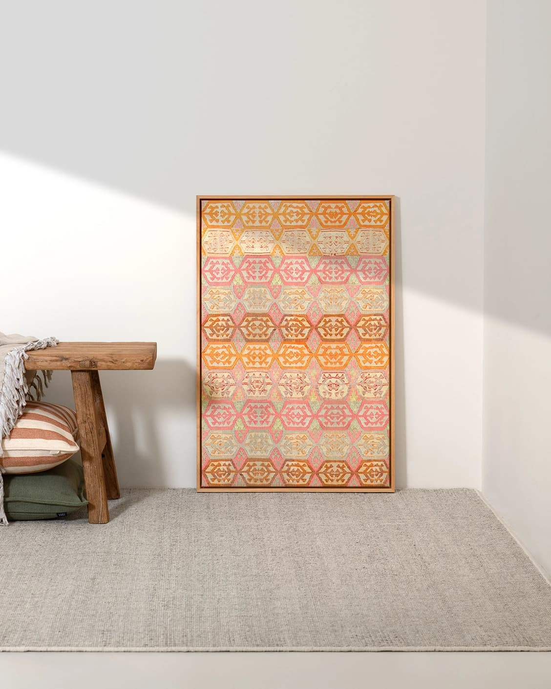 Pastels canvas in pink, beige and orange, shown in a lifestyle front view as image 2