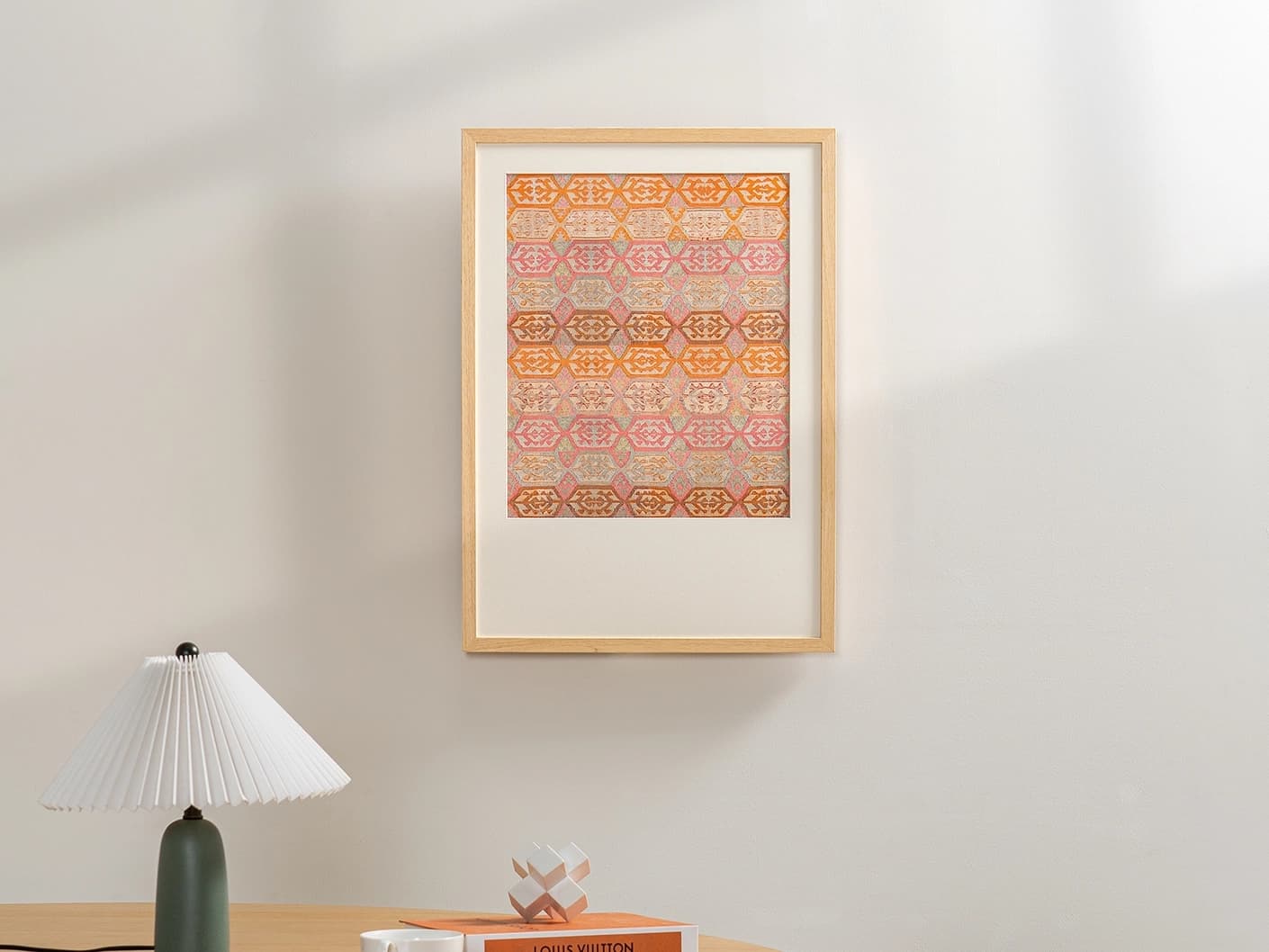 Pastels fine art print artwork in pink, beige and orange, shown in a lifestyle front view