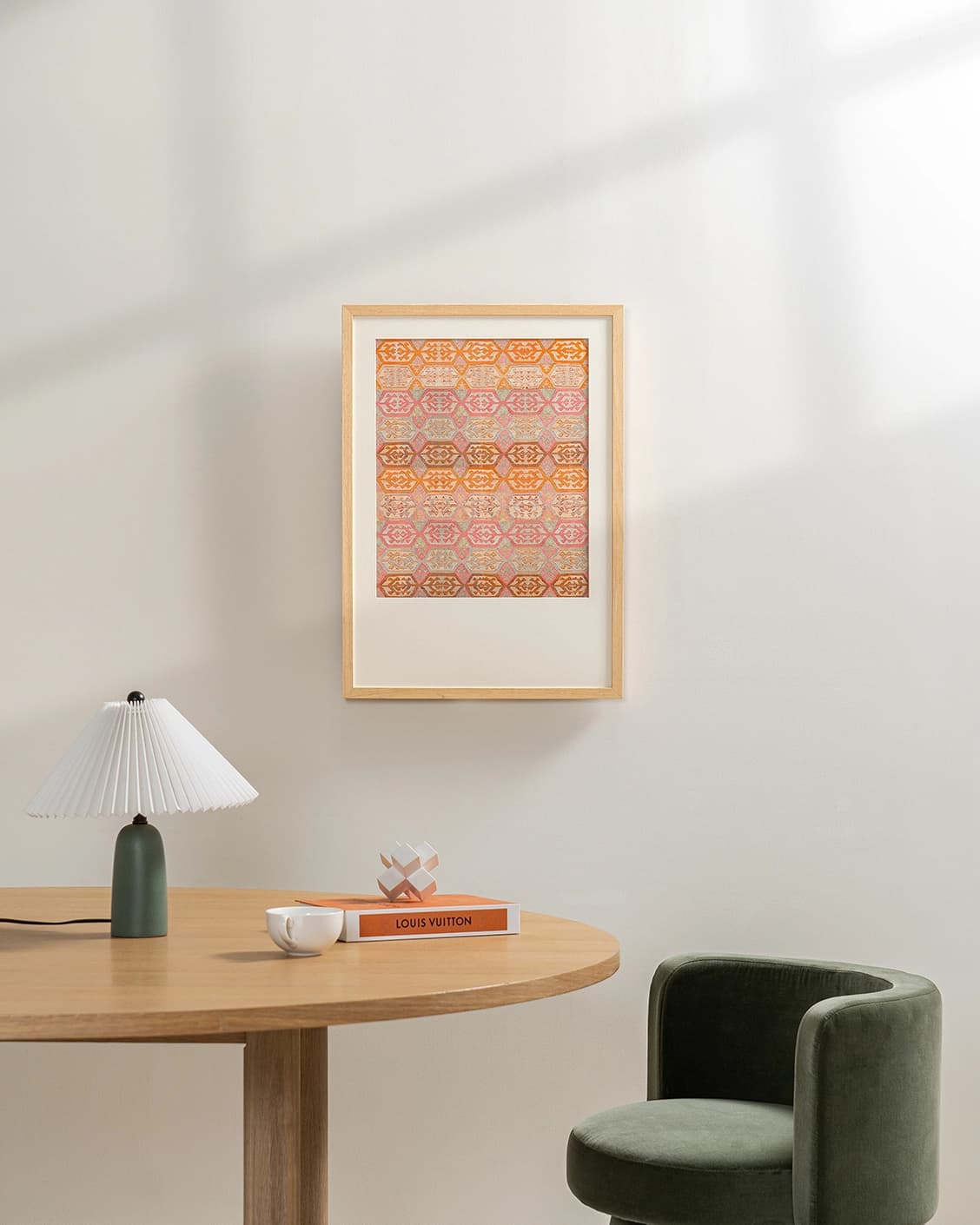 Pastels fine art print in pink, beige and orange, shown in a lifestyle front view as image 3