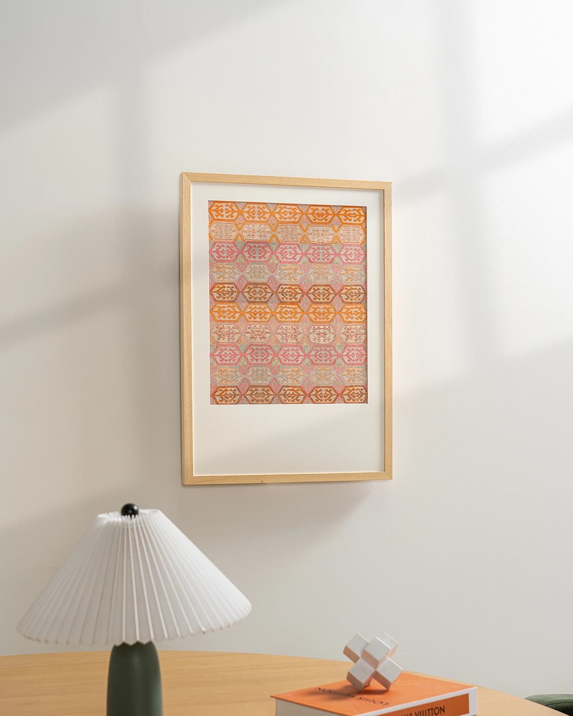 Pastels fine art print in pink, beige and orange, shown in a lifestyle left view as image 4