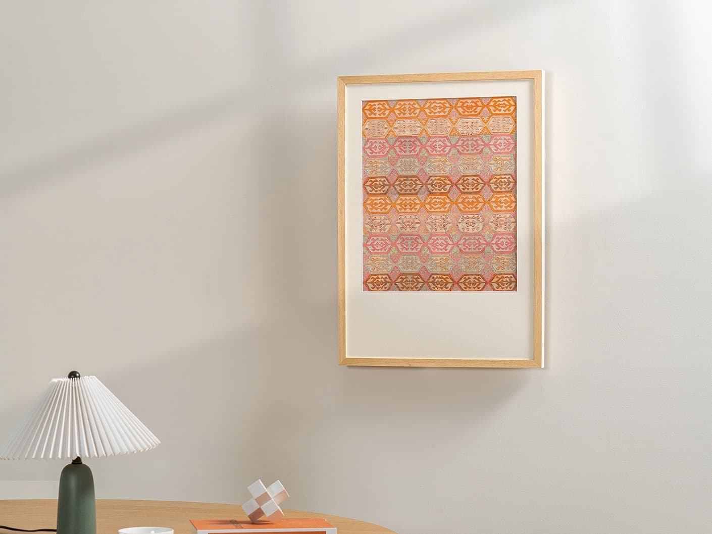 Pastels fine art print in pink, beige and orange, shown in a lifestyle right view as image 3