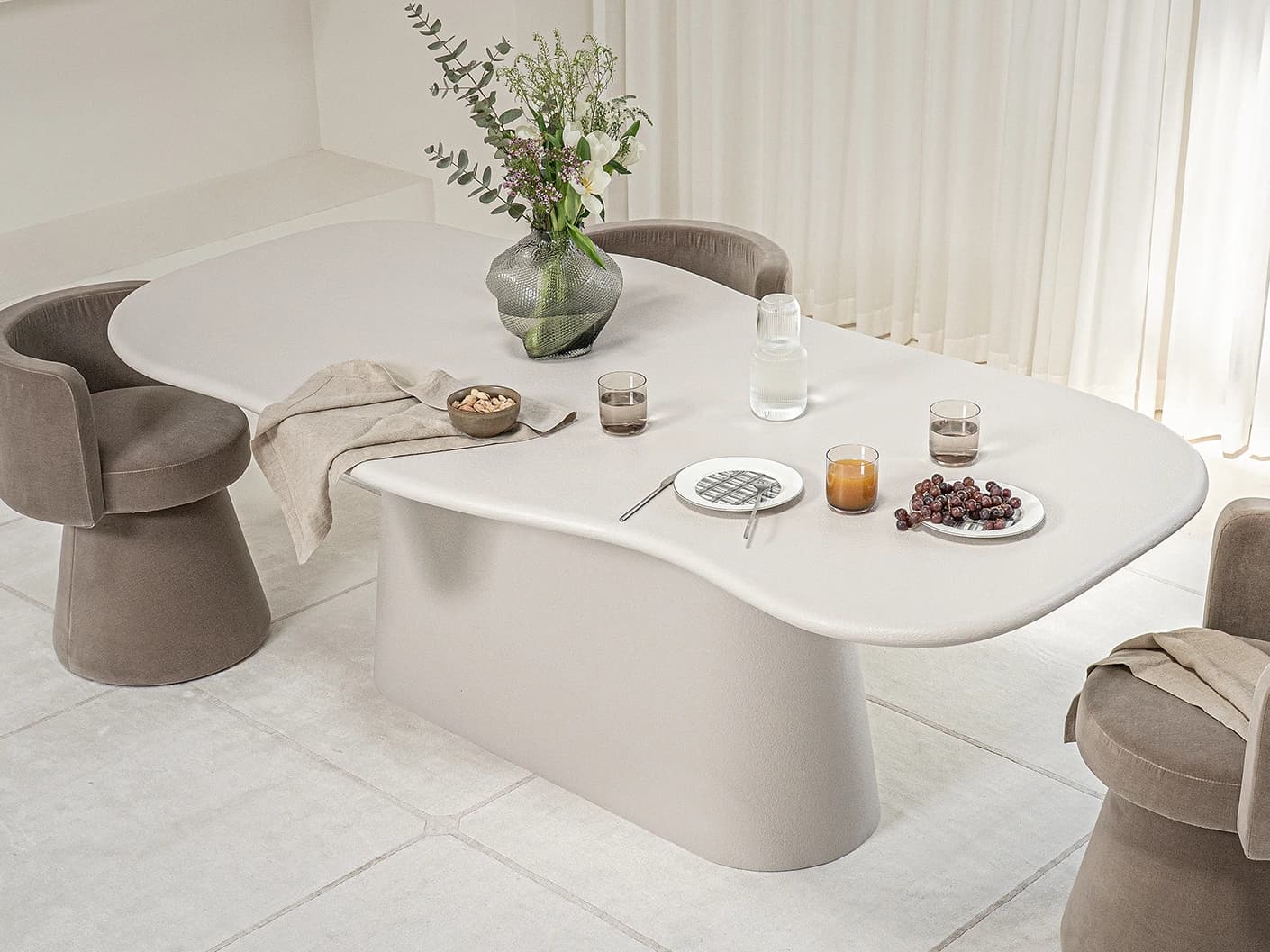Ravenna accent furniture in soft ivory, stone and ivory, shown in a lifestyle right view