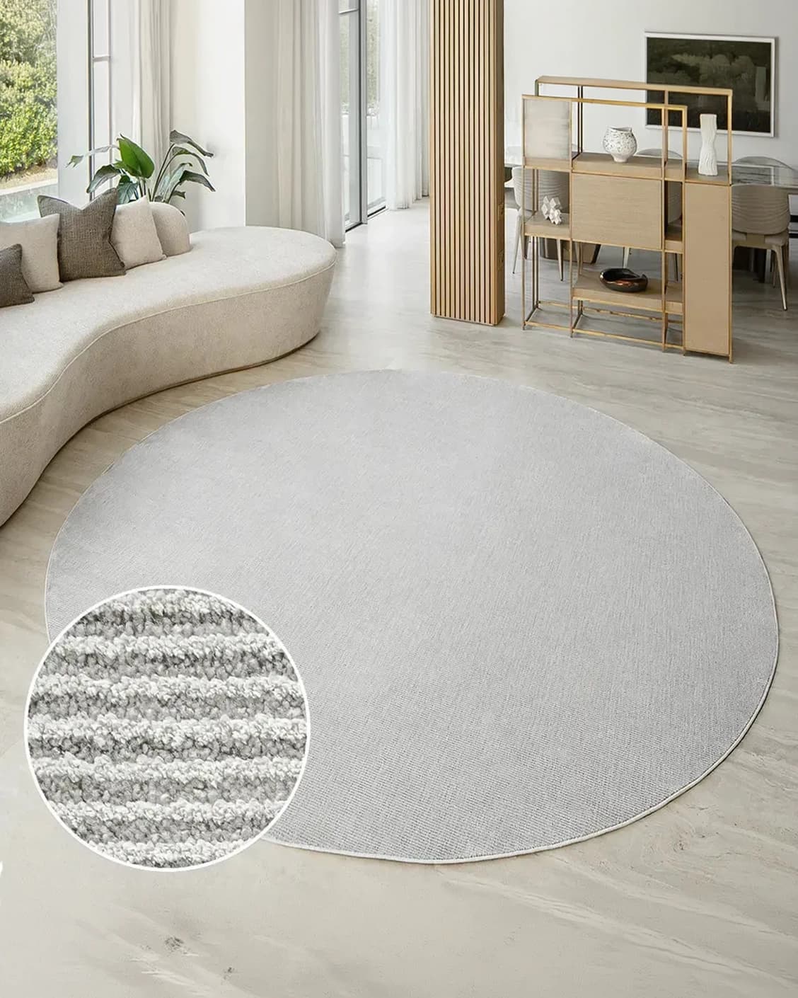 Rik Dune Round carpet in dune and grey, shown in a lifestyle front view as image 2