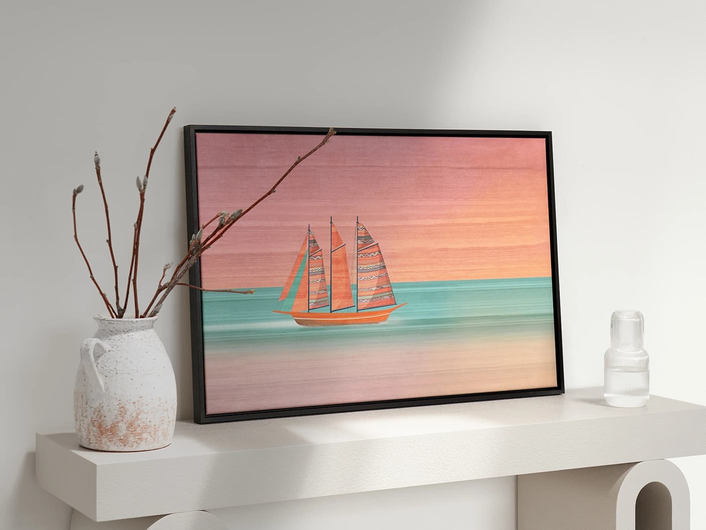 Sails canvas artwork in pink, shown in a lifestyle left view