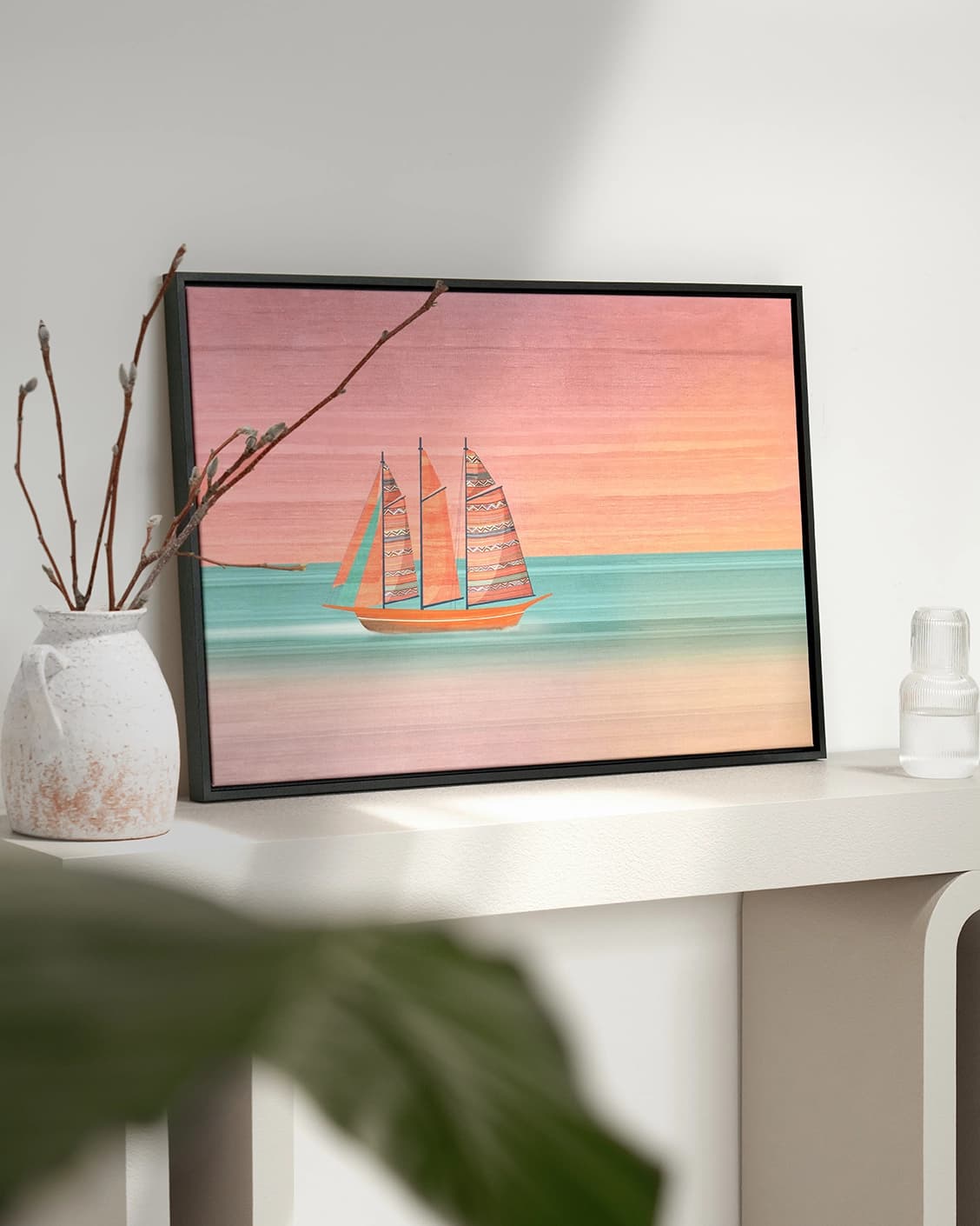 Sails canvas in pink, shown in a lifestyle left view as image 4