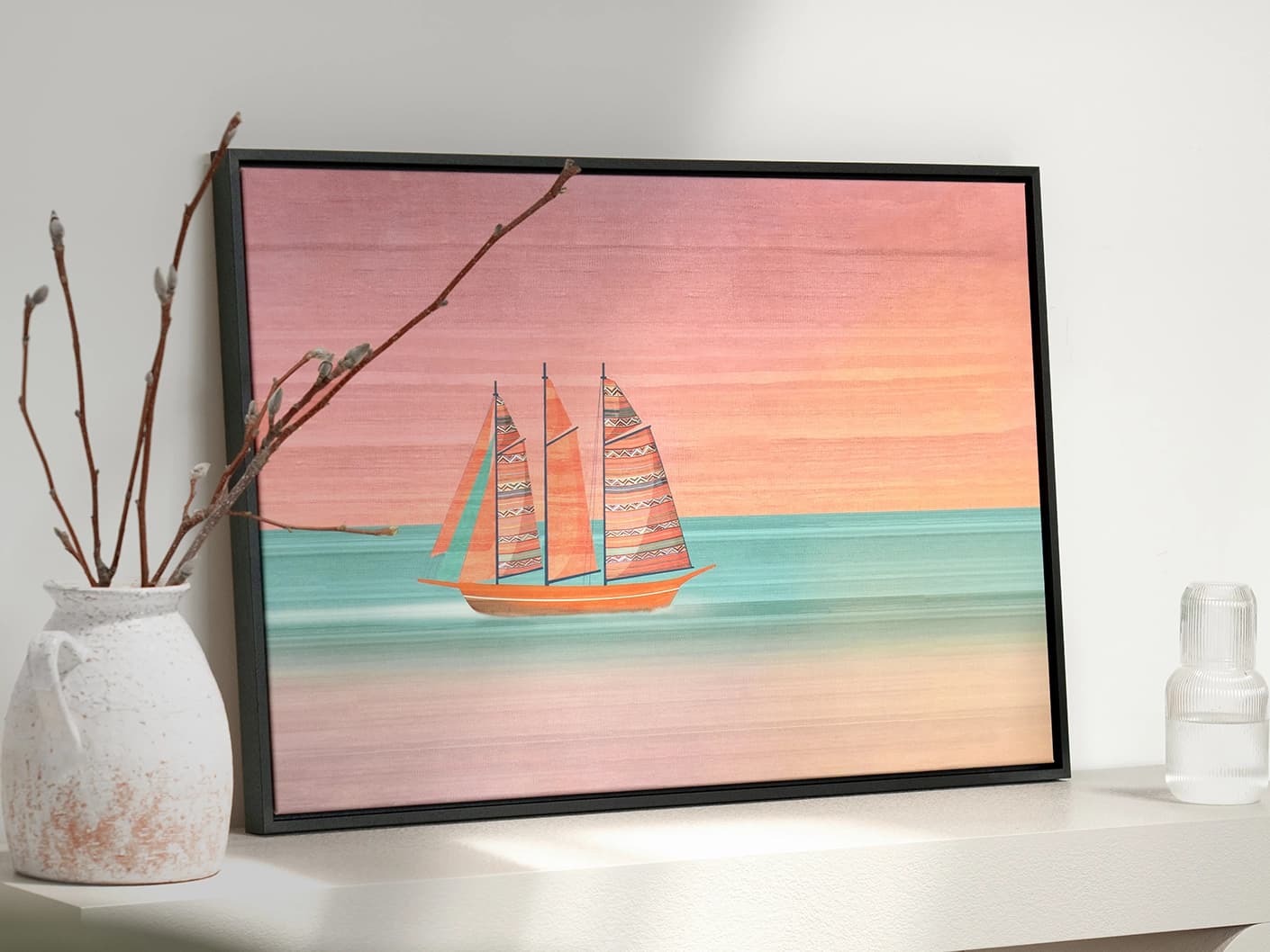Sails canvas in pink, shown in a lifestyle left view as image 3