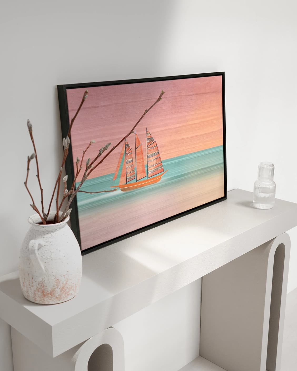 Sails canvas in pink, shown in a lifestyle top view as image 5