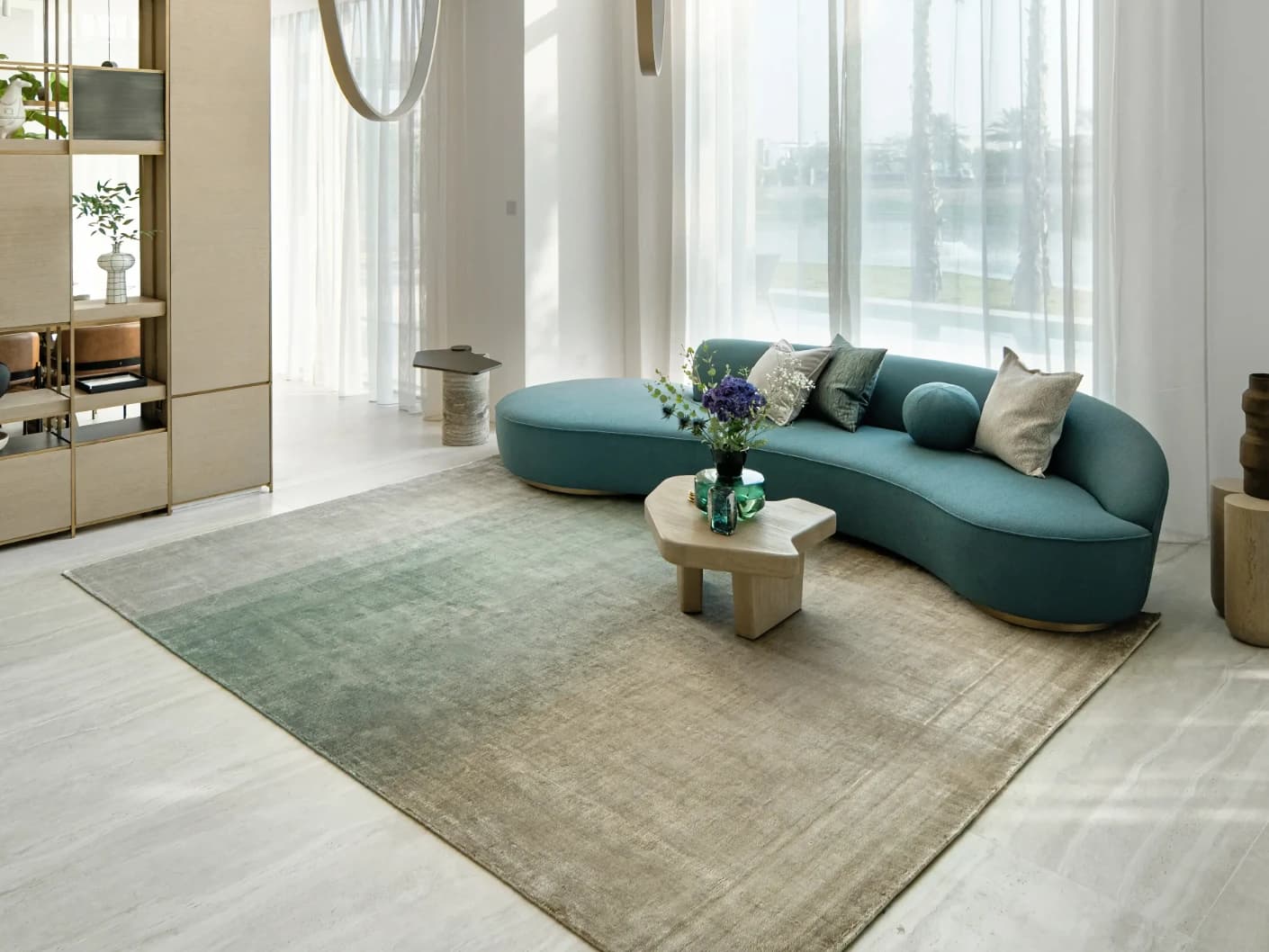 Scarlette Sage Round carpet in beige and green, shown in a lifestyle close-up top view as image 4