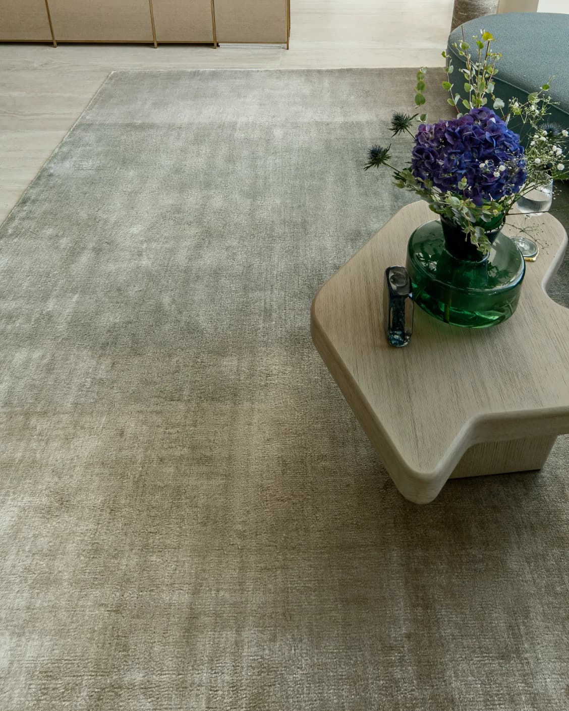 Scarlette Sage carpet in beige and green, shown in a lifestyle top view as image 9