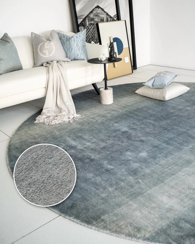Scarlette Sky Round carpet in sky and blue, shown in a lifestyle front view as image 2
