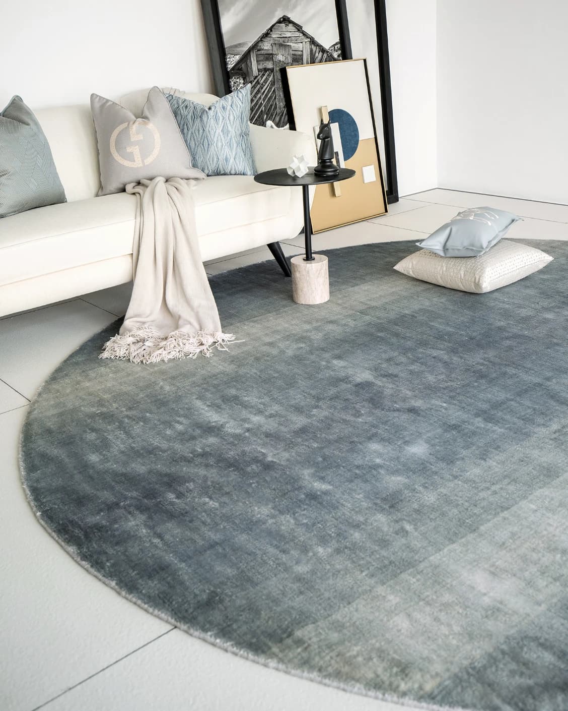 Scarlette Sky Round carpet in sky and blue, shown in a lifestyle front view as image 2