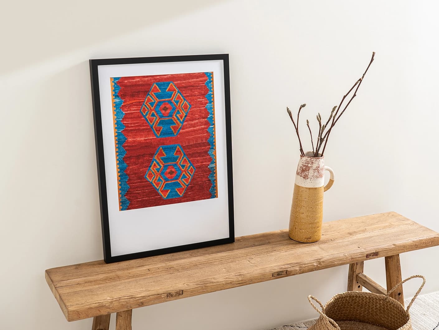 Scorpio fine art print artwork in red and blue, shown in a lifestyle top view