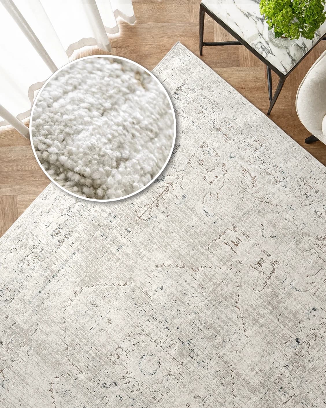Sheldon Bianca carpet in beige, shown in a lifestyle top view as image 2