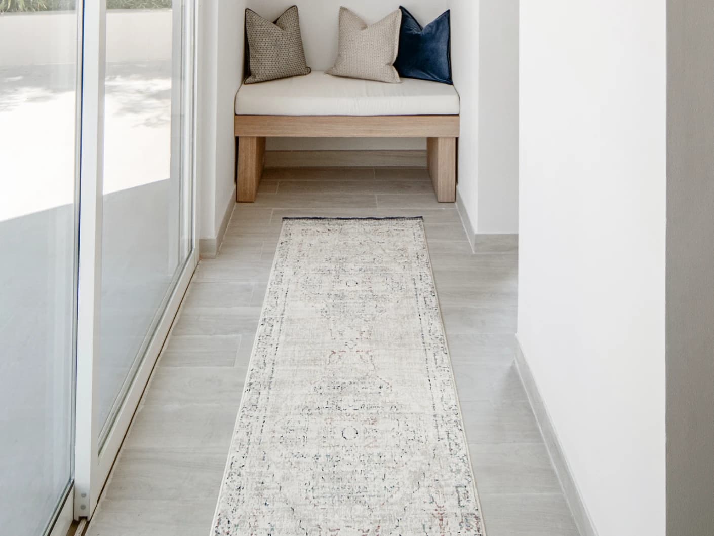 Sheldon Bianca Runners carpet in beige, shown in a lifestyle front view